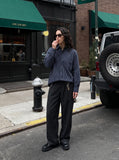 DAXUEN navy textured vertical stripe button-up shirt — model photo
