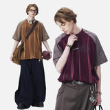 DAXUEN deep maroon textured vertical stripe raglan t-shirt
