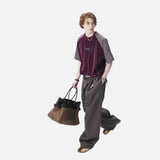 DAXUEN deep maroon textured vertical stripe raglan t-shirt