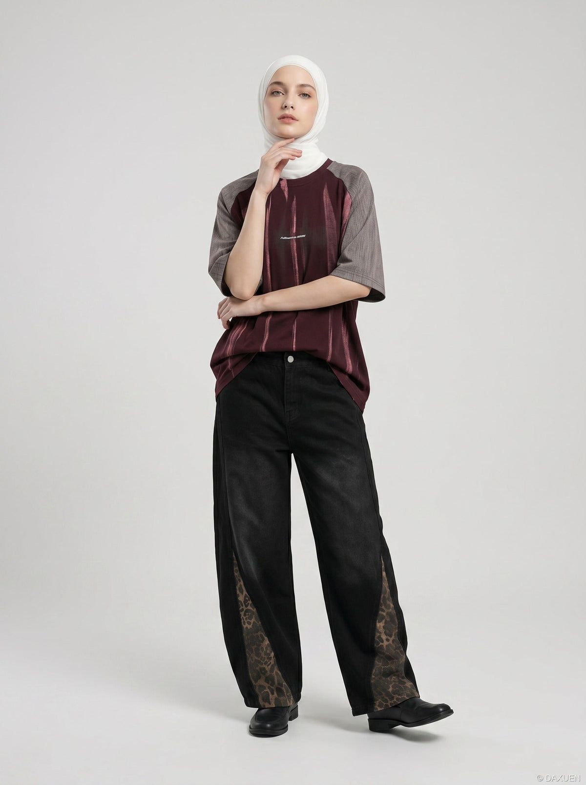 DAXUEN deep maroon textured vertical stripe raglan t-shirt — model photo