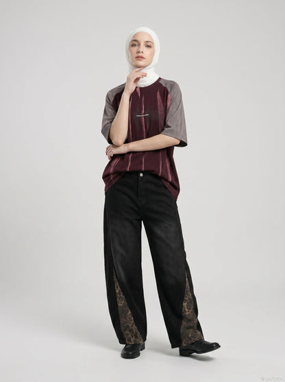 DAXUEN deep maroon textured vertical stripe raglan t-shirt — model photo