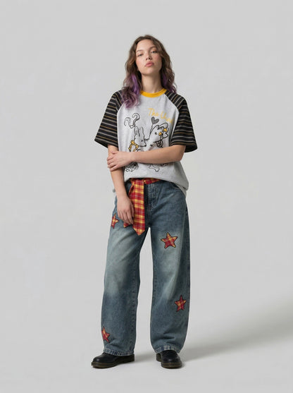 DAXUEN Relaxed-fit short-sleeved raglan t-shirt with cartoon rabbit graphic — model photo