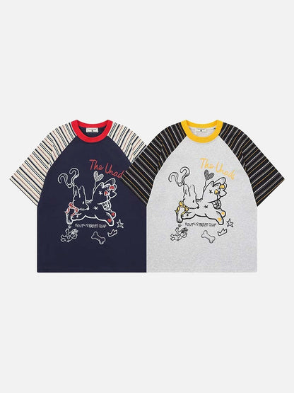 DAXUEN Relaxed-fit short-sleeved raglan t-shirt with cartoon rabbit graphic