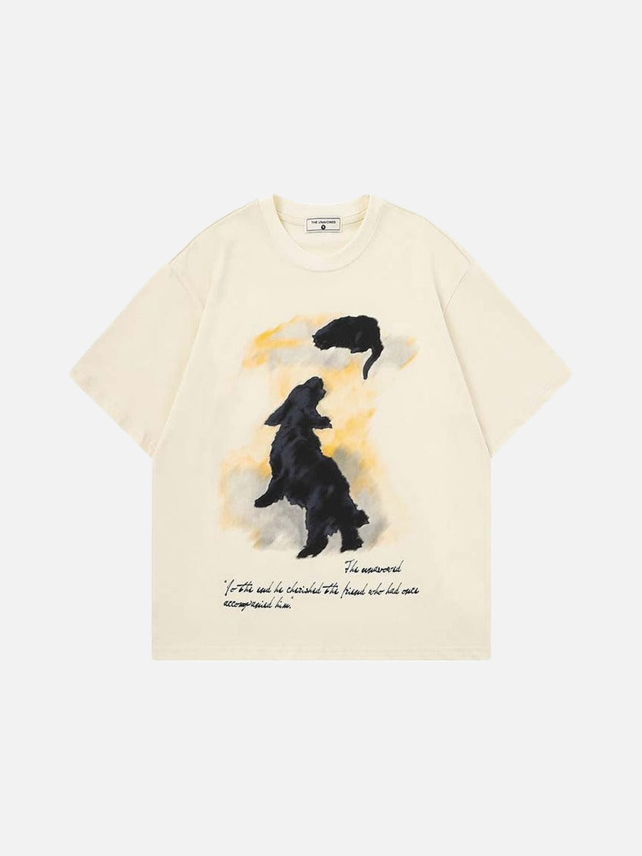 DAXUEN Cream short-sleeved graphic T-shirt with animal silhouettes