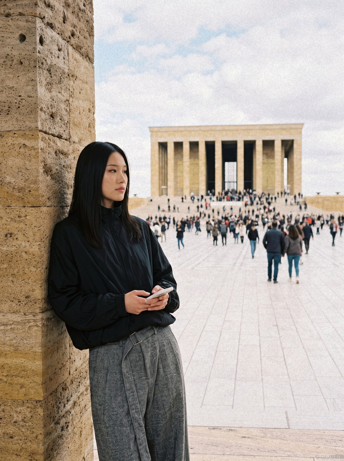 DAXUEN black oversized tonal text track jacket — model photo