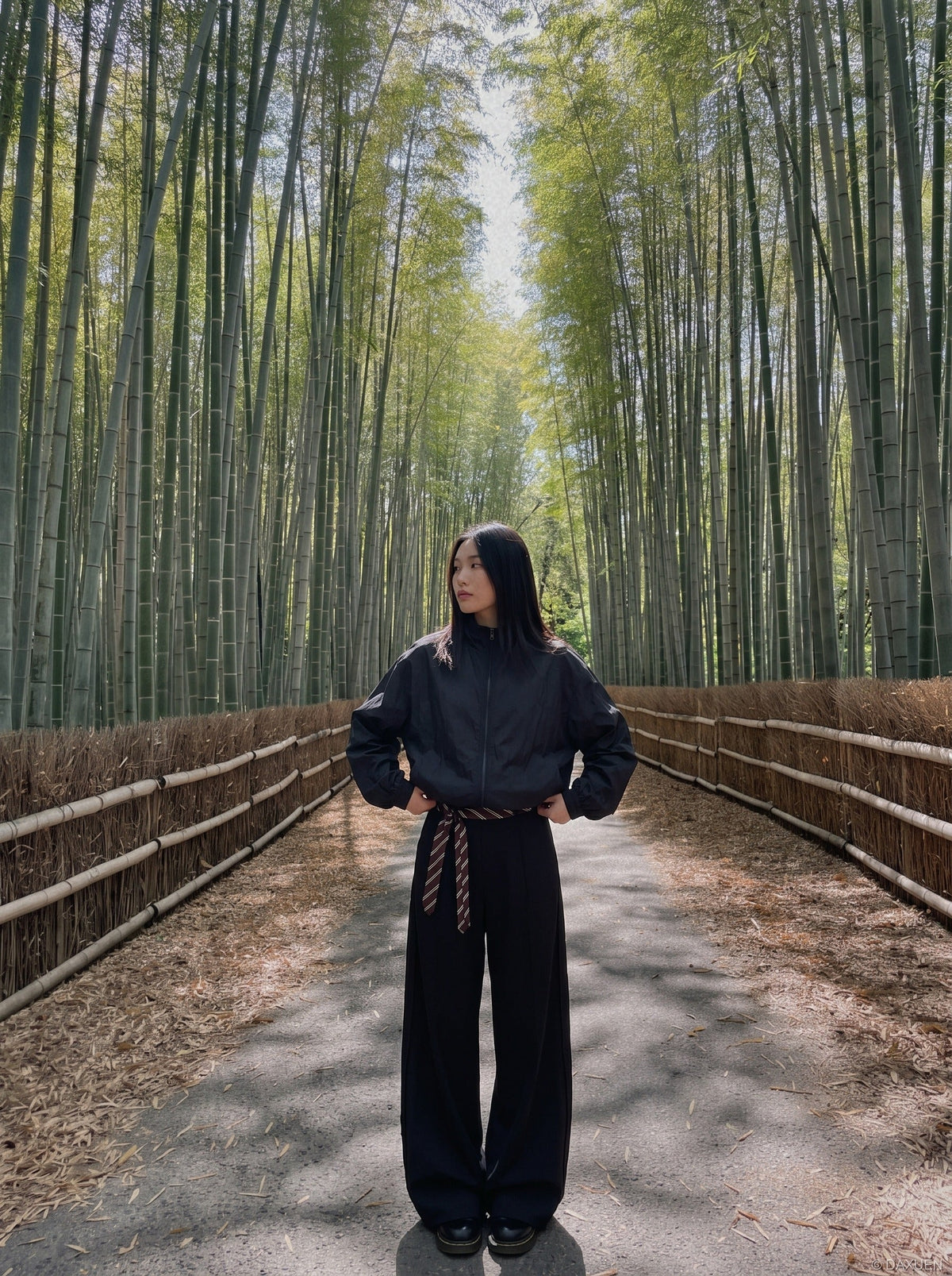 DAXUEN black oversized tonal text track jacket — model photo