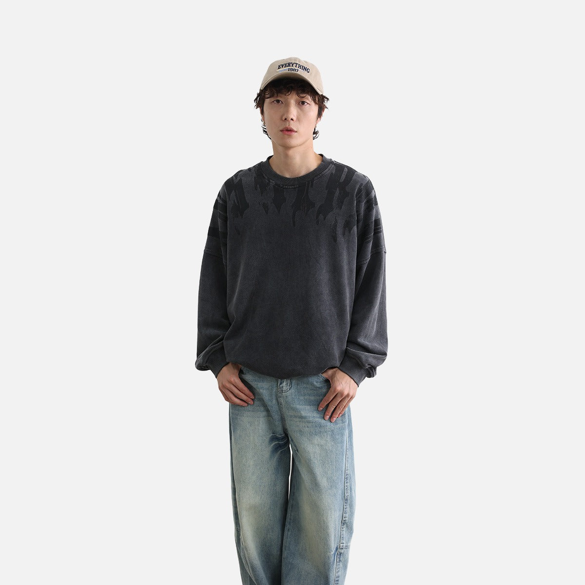 DAXUEN charcoal grey oversized tonal flame graphic sweatshirt