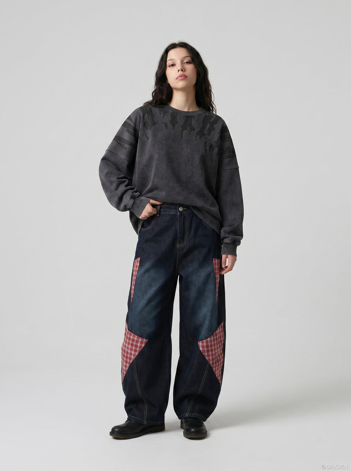 DAXUEN charcoal grey oversized tonal flame graphic sweatshirt — model photo