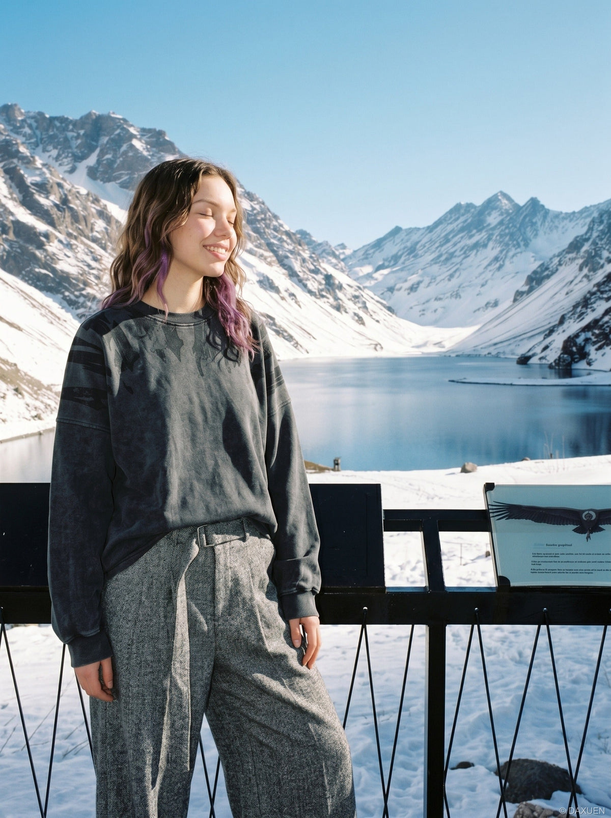 DAXUEN charcoal grey oversized tonal flame graphic sweatshirt — model photo