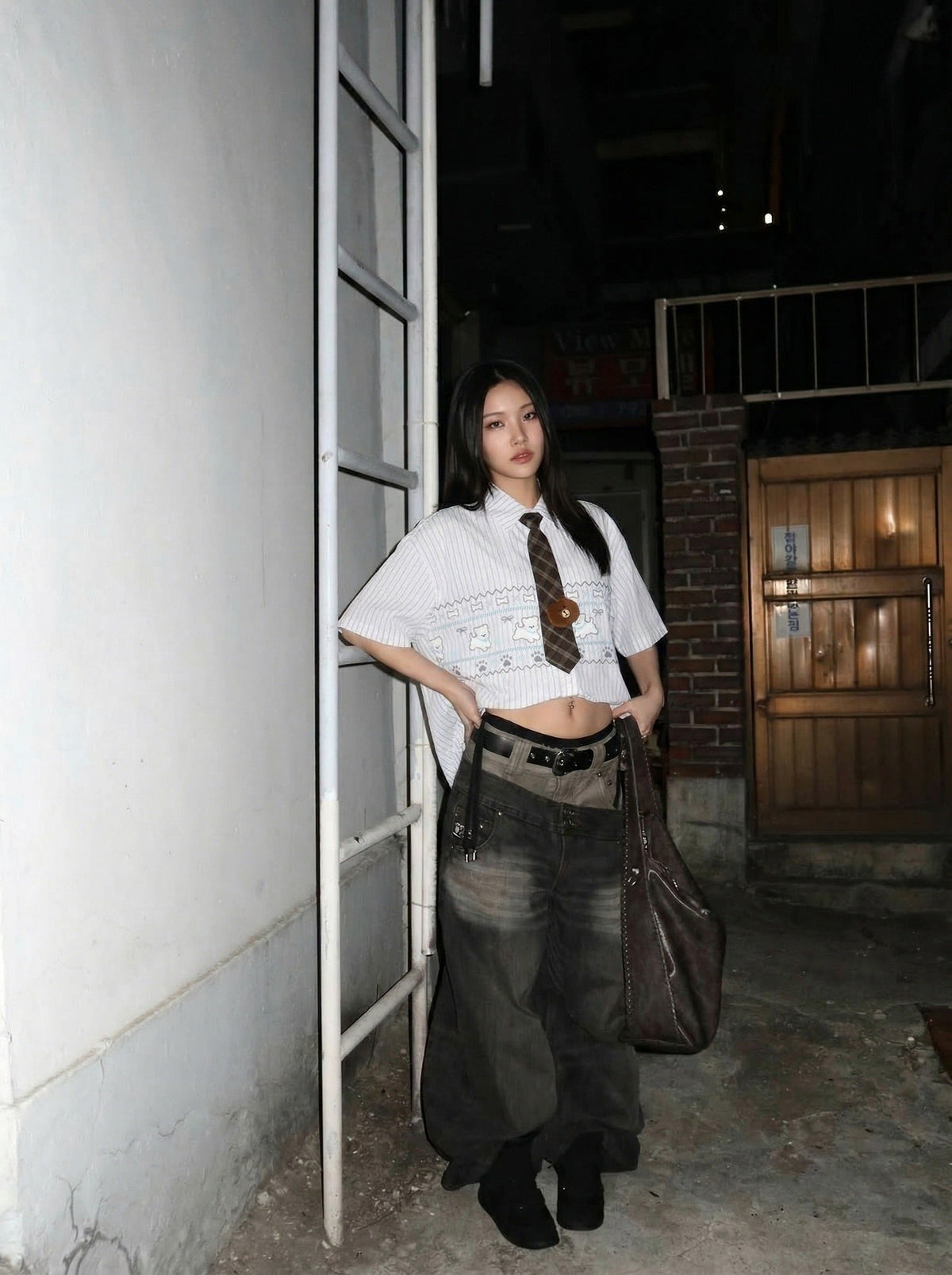 DAXUEN Button-up shirt with puppy graphics and plaid tie — model photo