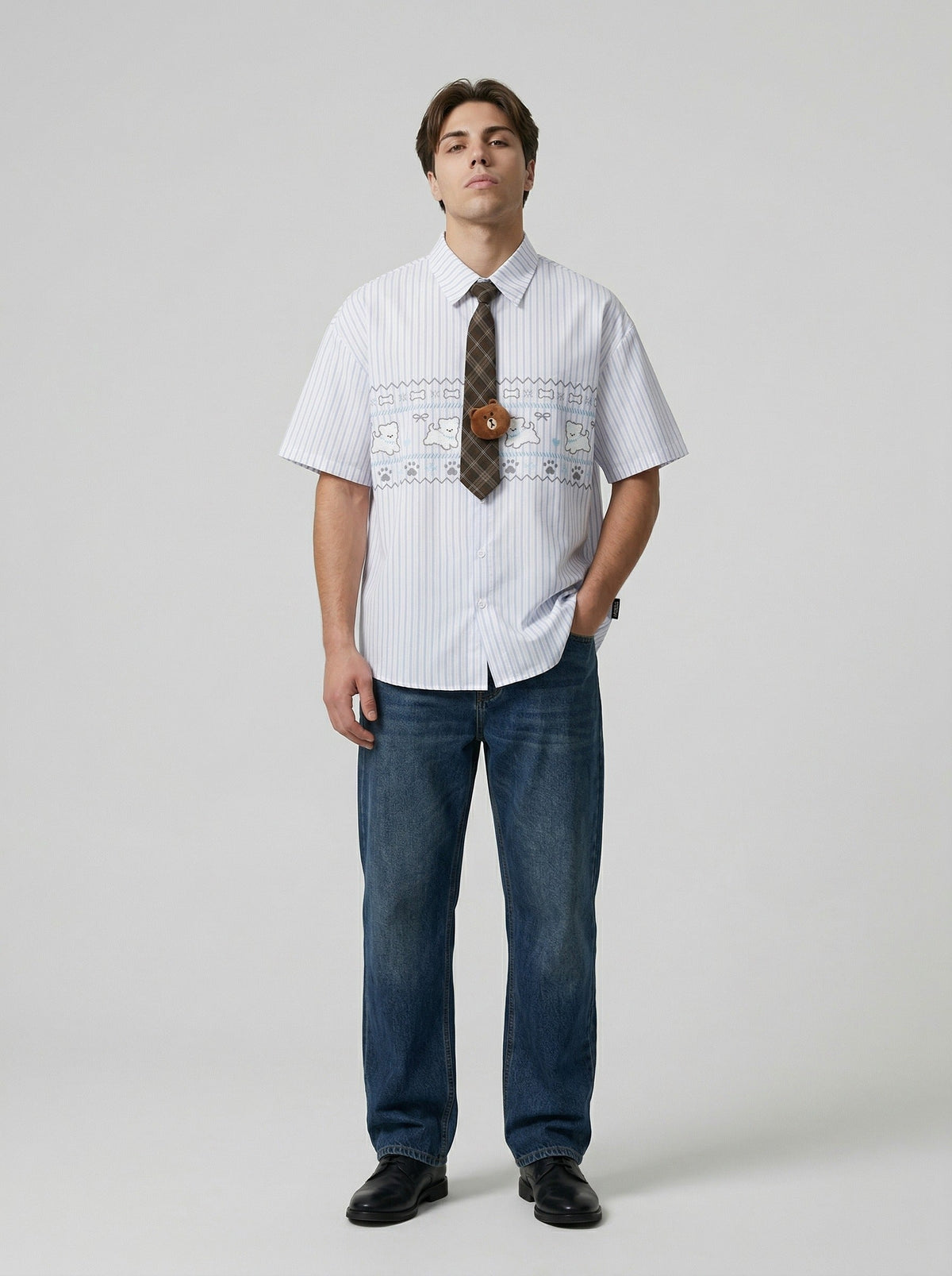 DAXUEN Button-up shirt with puppy graphics and plaid tie — model photo