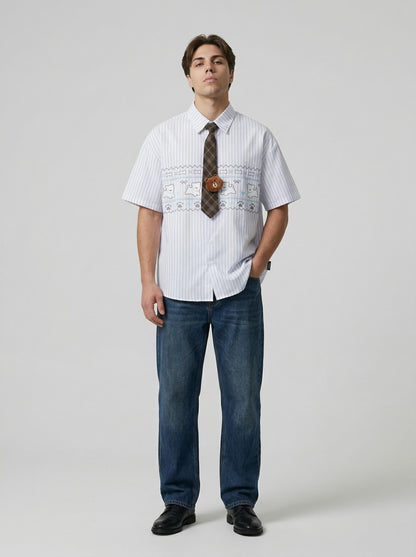 DAXUEN Button-up shirt with puppy graphics and plaid tie — model photo