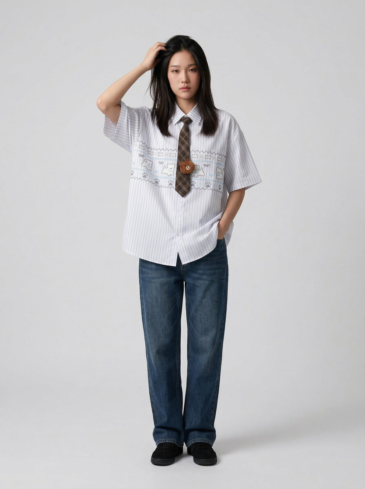 DAXUEN Button-up shirt with puppy graphics and plaid tie — model photo