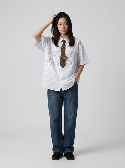 DAXUEN Button-up shirt with puppy graphics and plaid tie — model photo