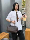 DAXUEN Button-up shirt with puppy graphics and plaid tie — model photo