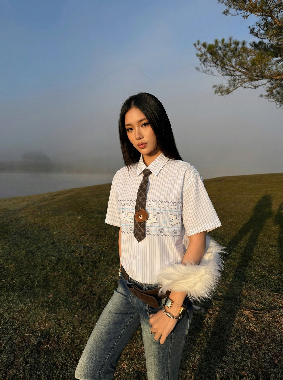 DAXUEN Button-up shirt with puppy graphics and plaid tie — model photo