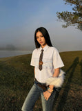 DAXUEN Button-up shirt with puppy graphics and plaid tie — model photo