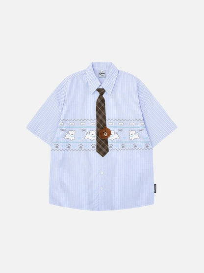DAXUEN Button-up shirt with puppy graphics and plaid tie