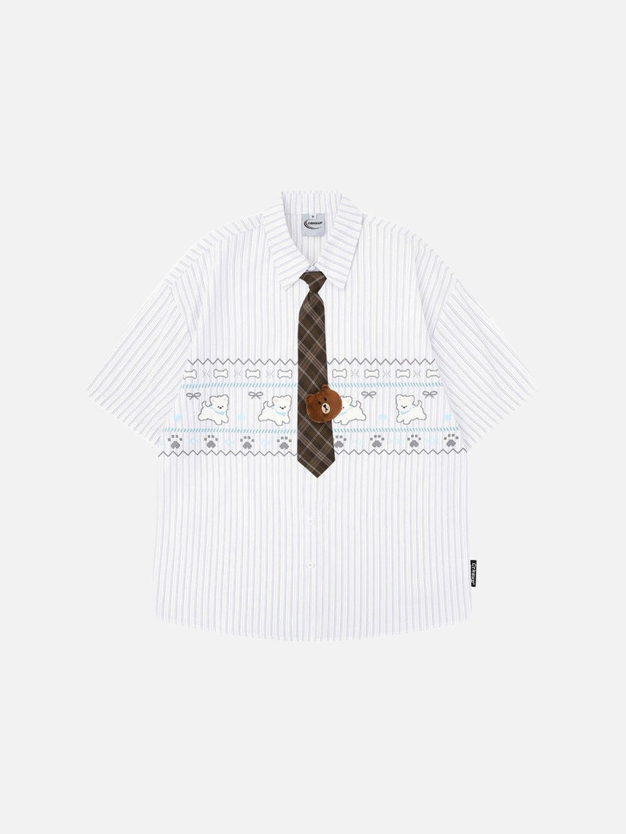 DAXUEN Button-up shirt with puppy graphics and plaid tie