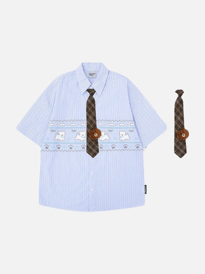 DAXUEN Button-up shirt with puppy graphics and plaid tie