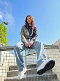 DAXUEN charcoal grey and faded olive two-tone long-sleeve top — model photo