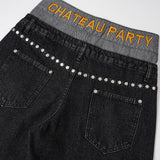 DAXUEN black two-tone high waist denim pants with embroidery