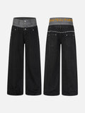 DAXUEN black two-tone high waist denim pants with embroidery