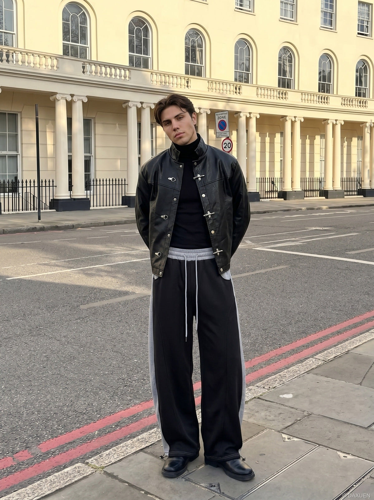 DAXUEN Two-tone loose-fit sweatpants with adjustable drawstrings — model photo