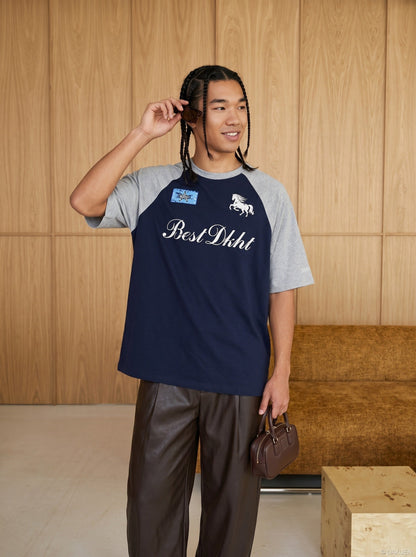 DAXUEN Two-tone raglan sleeve t-shirt with graphic prints — model photo