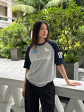 DAXUEN Two-tone raglan sleeve t-shirt with graphic prints — model photo