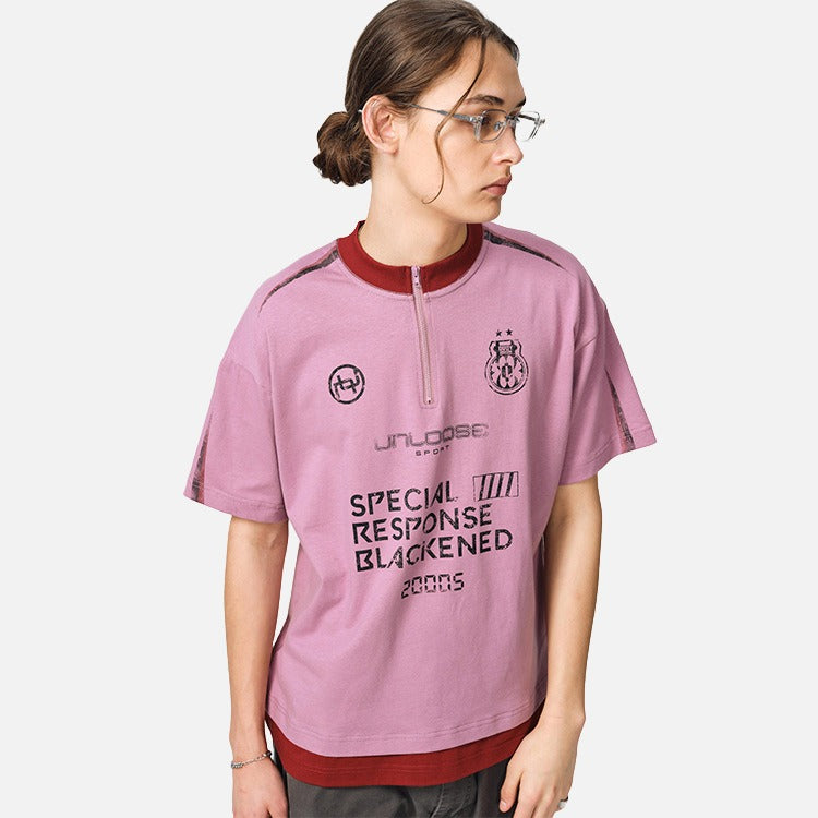 DAXUEN Unloose graphic quarter-zip t-shirt — model photo