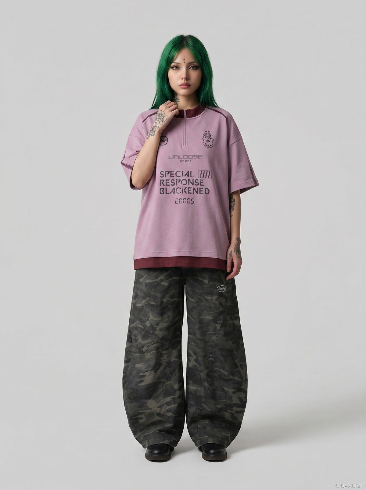DAXUEN Relaxed oversized quarter-zip graphic t-shirt — model photo