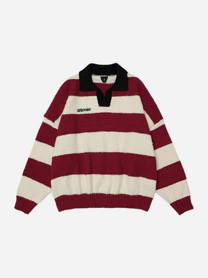 DAXUEN Oversized long-sleeved knit sweater with stripes and embroidery