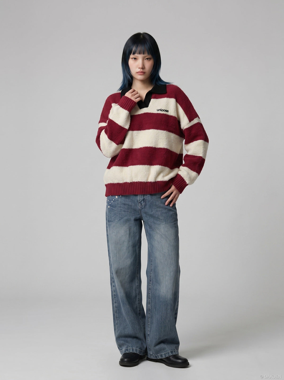 DAXUEN Oversized long-sleeved knit sweater with stripes and embroidery — model photo