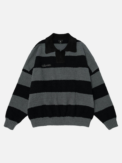 DAXUEN Oversized long-sleeved knit sweater with stripes and embroidery