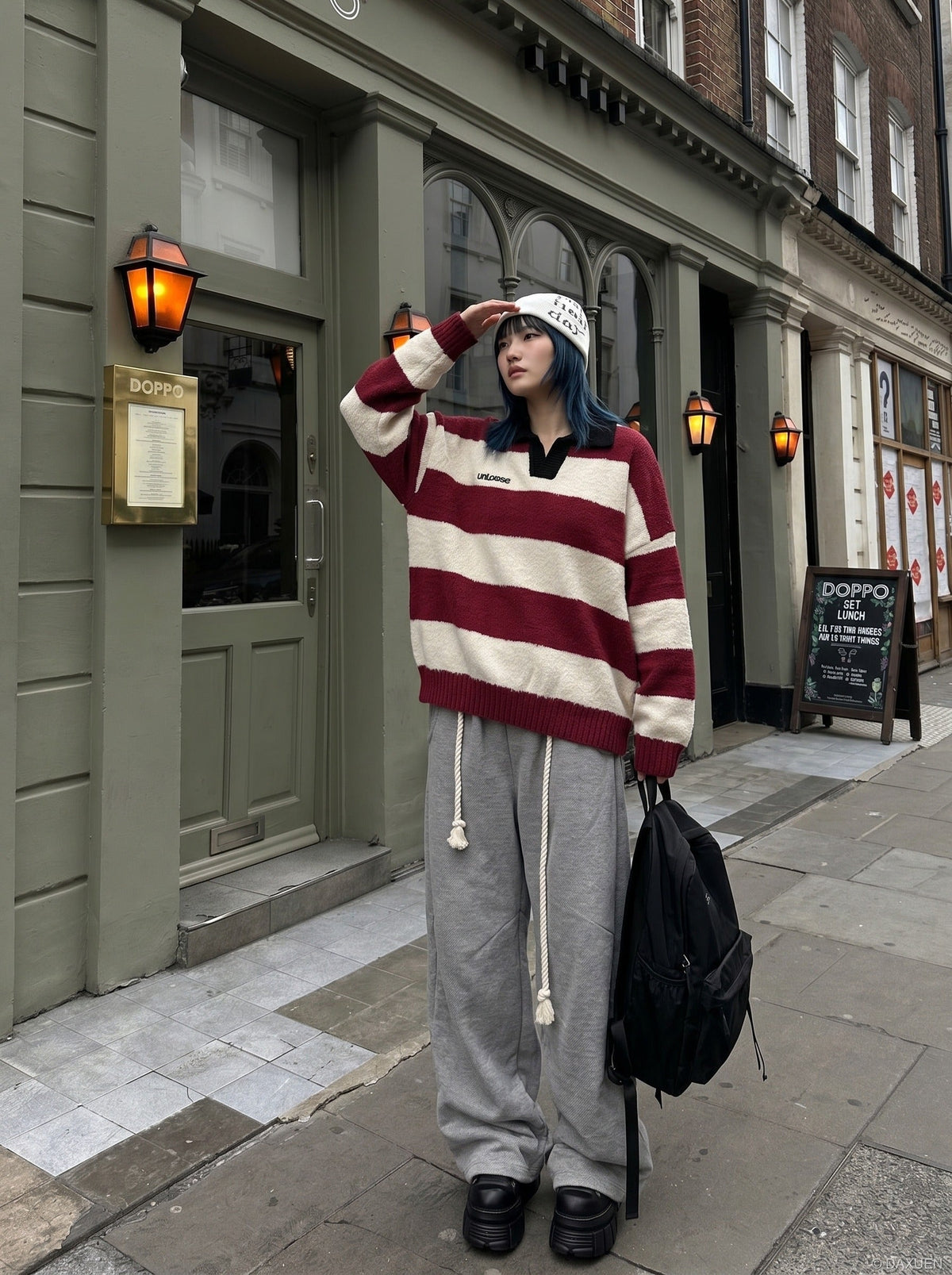 DAXUEN Oversized long-sleeved knit sweater with stripes and embroidery