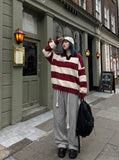DAXUEN Oversized long-sleeved knit sweater with stripes and embroidery