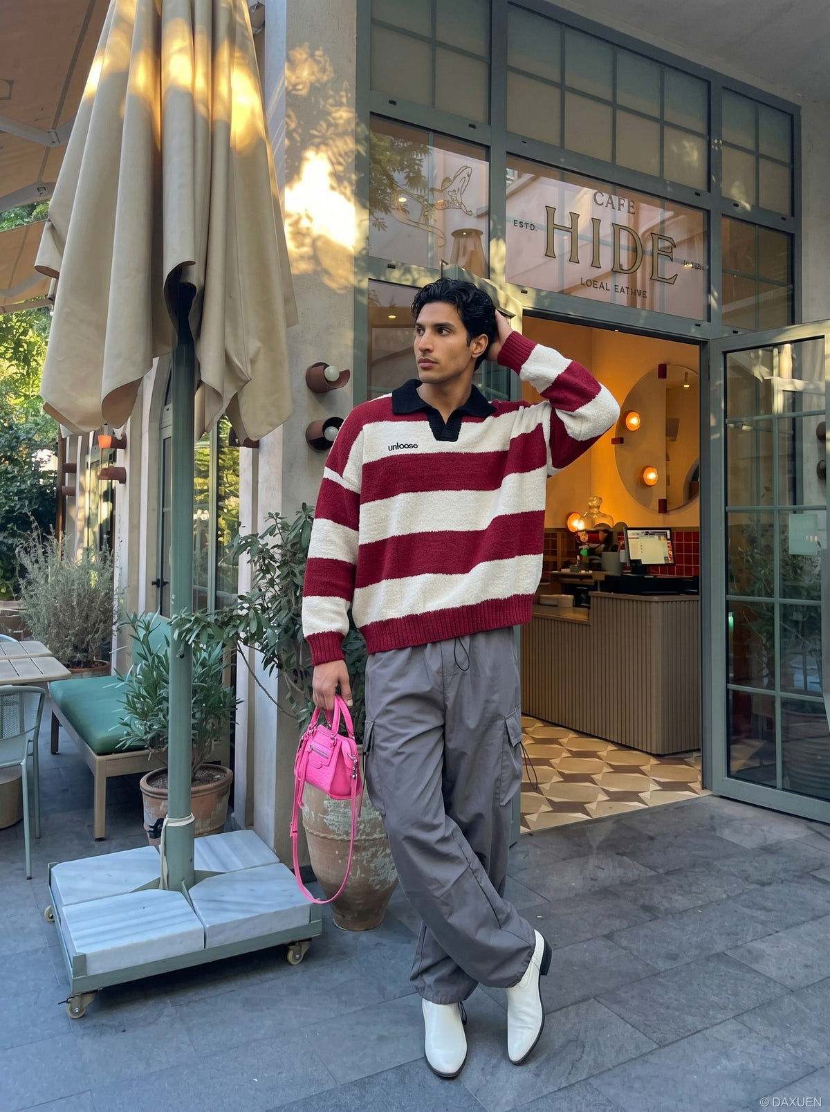 DAXUEN Oversized long-sleeved knit sweater with stripes and embroidery — model photo