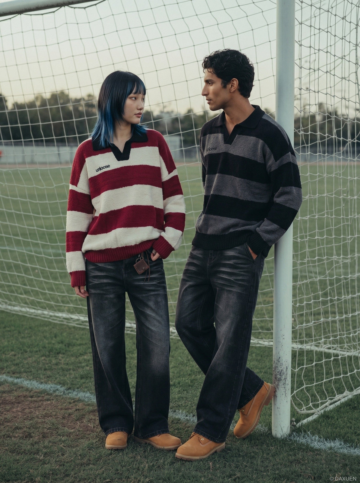 DAXUEN Oversized long-sleeved knit sweater with stripes and embroidery — model photo