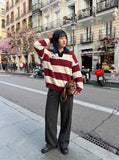 DAXUEN Oversized long-sleeved knit sweater with stripes and embroidery
