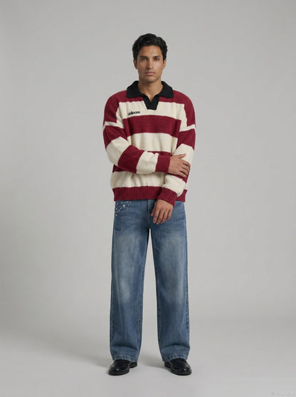 DAXUEN Oversized long-sleeved knit sweater with stripes and embroidery — model photo