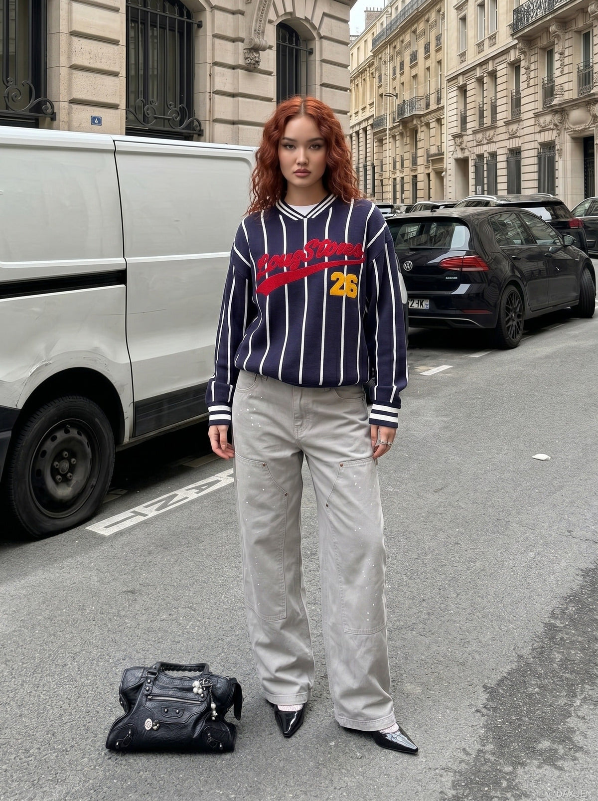 DAXUEN Wide leg utility pants with paint splatter effect — model photo