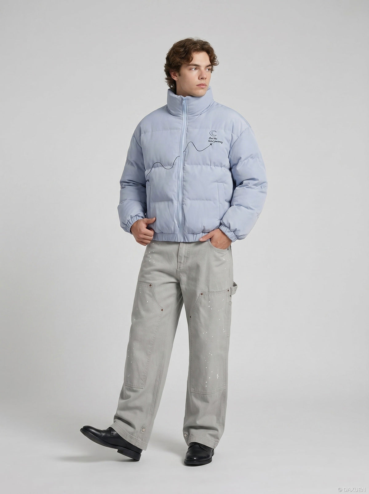 DAXUEN Wide leg utility pants with paint splatter effect — model photo