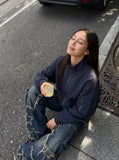 DAXUEN dark navy oversized bomber jacket with utility pockets — model photo