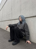 DAXUEN dark navy oversized bomber jacket with utility pockets — model photo