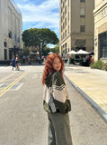 DAXUEN Utility wide-leg pants in khaki and olive green — model photo