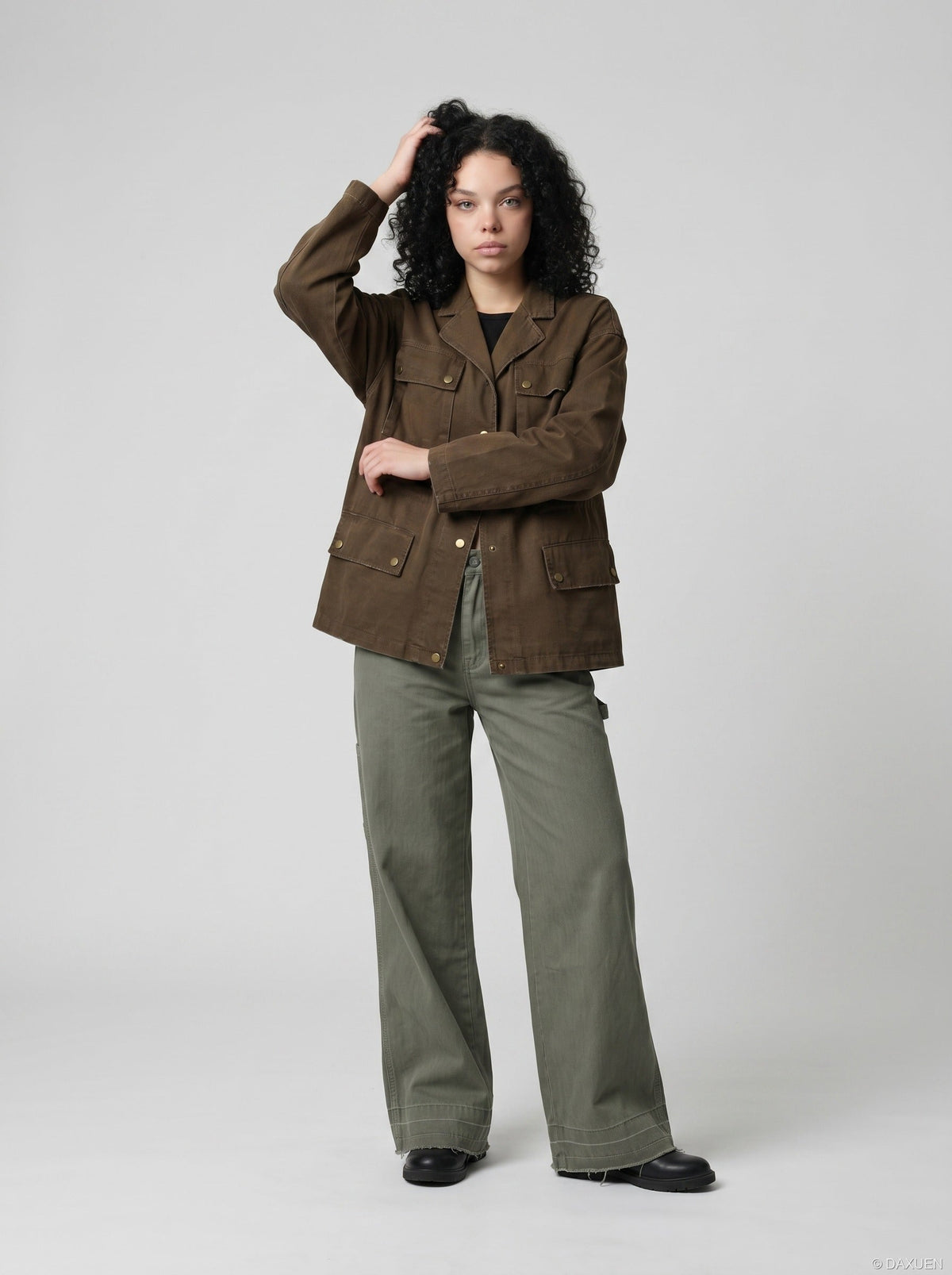 DAXUEN Utility wide-leg pants in khaki and olive green — model photo