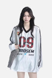 Bold Plaid '09' Graphic V-Neck Jersey Top