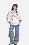 White V-Neck with Heart Motif Long-Sleeve Top