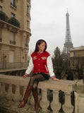 DAXUEN Varsity bomber jacket with contrasting colors and graphics — model photo